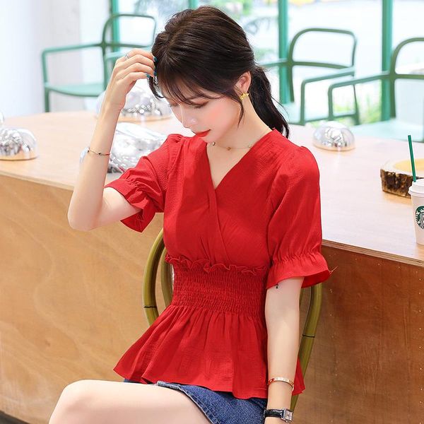 

women's blouses & shirts coigarsam short blouse women summer chiffon puff sleeve v-neck blusas womens and white red 6253