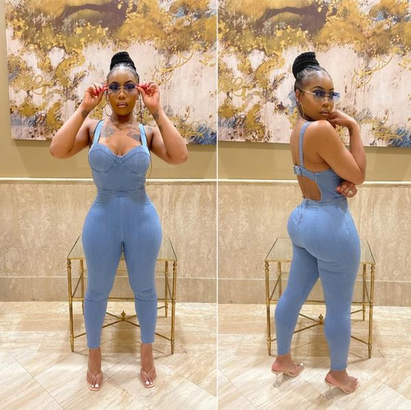 

women's jeans backless denim club jumpsuit women spaghetti strap bodycon casual romper overalls, Blue