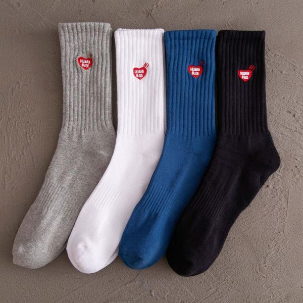 

men's socks 4 pairs embroidery human made red skateboard cotton crew brand street fashion love heart men women japanese style, Black