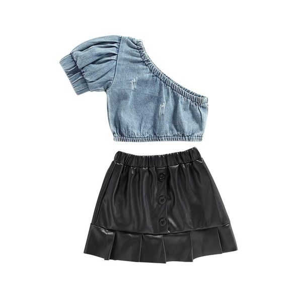 

clothing sets 2021 0-5y fashion kids baby girl clothes puff short sleeve one shoulder denim crop button leather a-line skirt summer 2pcs, White