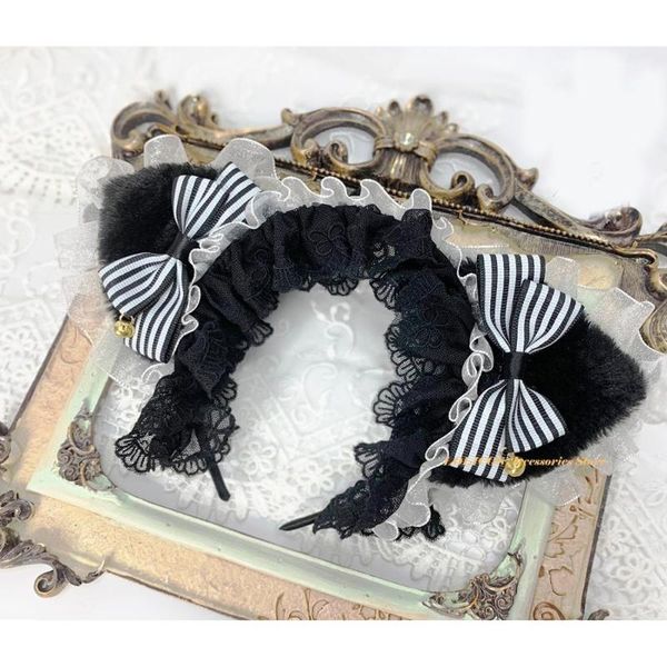 

party masks maid cosplay lolita cute plush cat's ear lace stripe kc headband harajuku soft girl kawaii retro bow ruffles hair accessori
