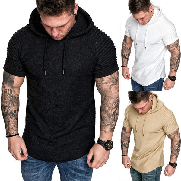 

mens casual pleated solid color t-shirt round neck short sleeve hoodies sportswear bodybuilding hoodie shirt workout jogging men's t-sh, White;black