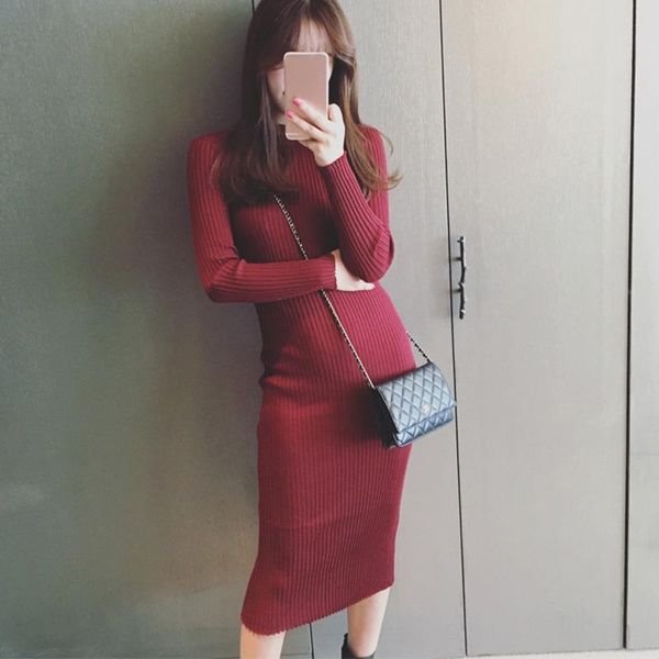 

autumn winter fashion solid color rib knitted dress women turtleneck long-sleeved casual slim female vestidos dresses, Black;gray