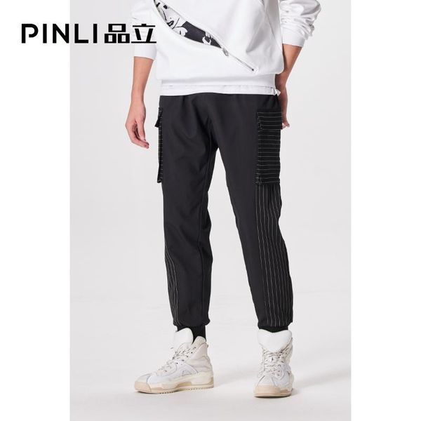 

men's pants male fashion pinli 2021 autumn striped stitching beam foot casual trousers b213317095 stacked sweatpants, Black