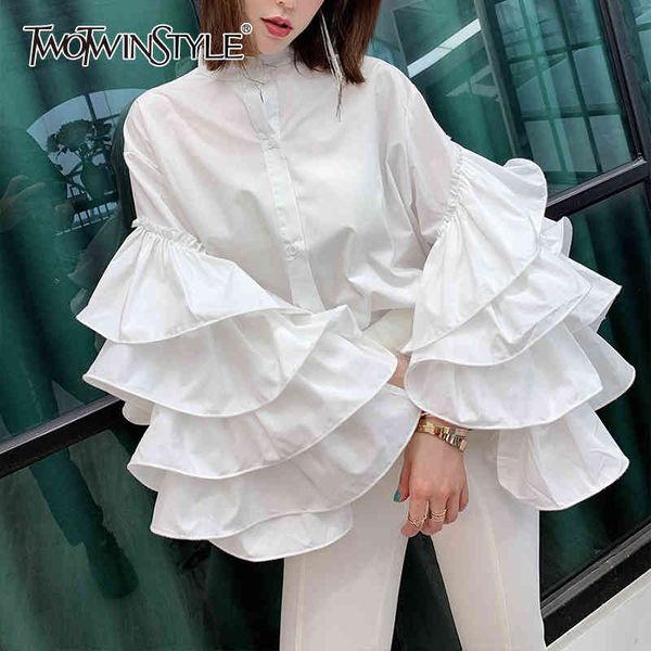 

elegant patchwork ruffles women shirt stand collar lantern long sleeve loose blouse for female fashion clothes 210524, White