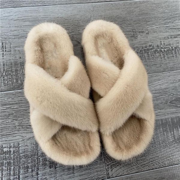 

slippers women's luxury mink leather genuine sandals cross-type soft, Black