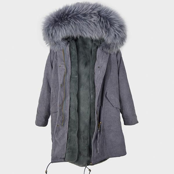 

women's wool & blends winter corduroy blue color women coat thick warm in waist can be adjustable faux fur lining parka raccoon collar, Black