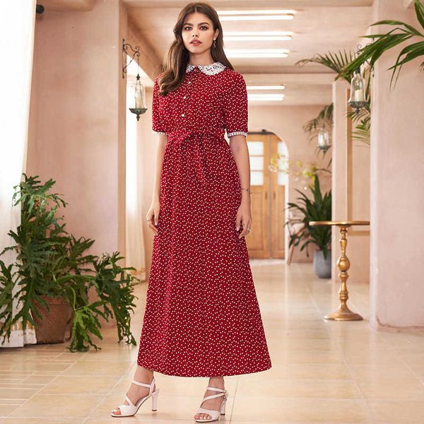 

casual dresses product ladies summer french hollow flower lapel classic polka dot mid-length skirt retro wild sweet red 0aqw, Black;gray
