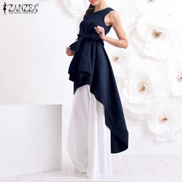 

women's blouses & shirts blouses elegant asymmetrical summer blouse casual sleeveless blusas female solid chemise belted plus size swk, White