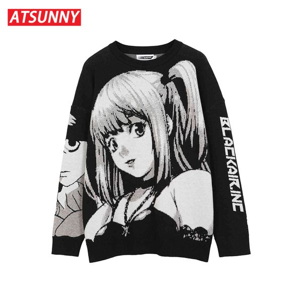 

men's street dance clothing, retro japane style harajuku animation girl knitted cotton sweater, autumn, Gray