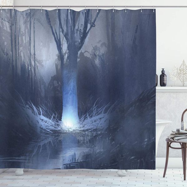 

fantasy shower curtain, night in the fog forest with trees gothic horror frightening folklore theme image, cloth fabric bathroom