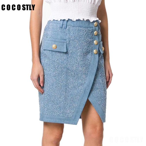 

skirts women bodycon jeans skirt denim midi straight solid pencil button casual knee-length office, Black