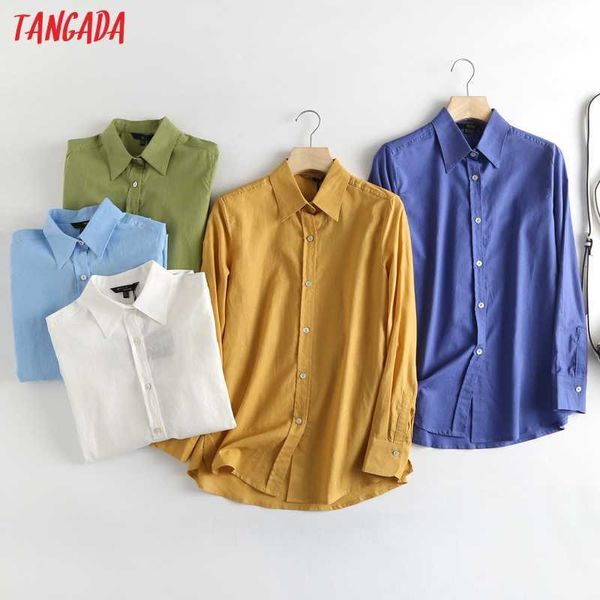 Tangada Frauen Hohe Qualität 100% Leinen Hemden Langarm Solide Drehen Unten Kragen Elegante Büro Damen Arbeitskleidung Blusen 6D57 210609