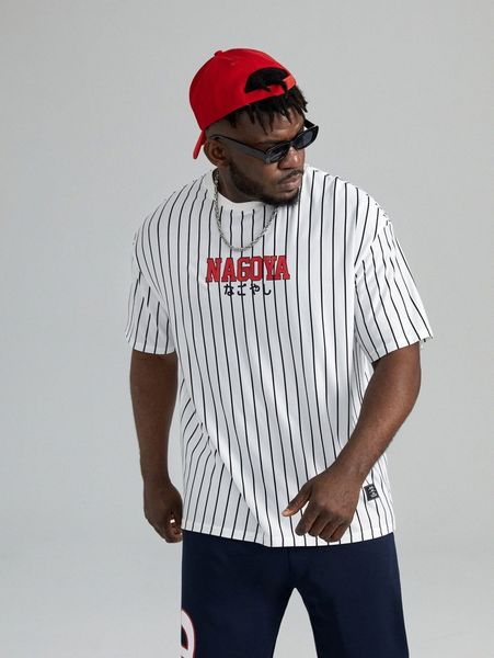 

extended sizes men letter and striped print patched detail tee j5wt#, White;black