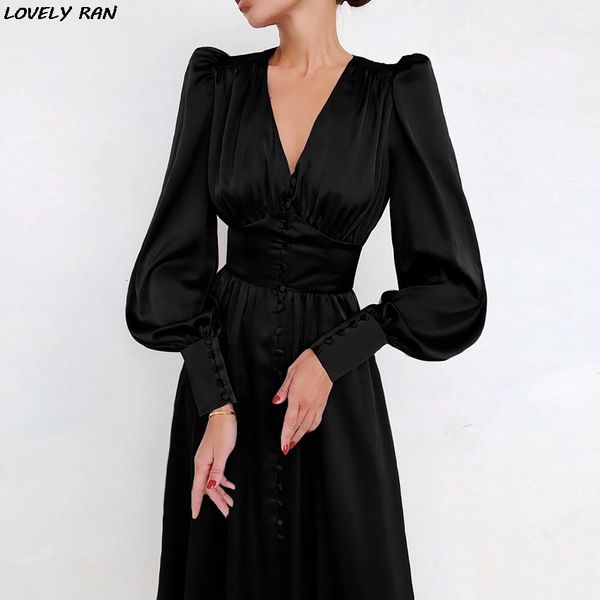 

casual dresses spring evening women's vintage high waist lantern long sleeve satin female a-line dress elegant lady party vestido, Black;gray