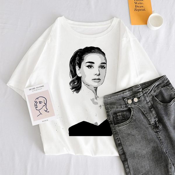 

summer and women audrey men t shirt hepburn aesthetic print female harajuku pretty casual 90s grunge vintage tee, White;black