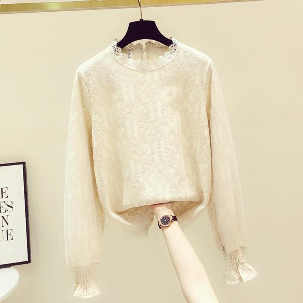 

women's blouses & shirts lace bottoming shirt for women autumn and winter korean lacework round-neck long sleeve velvet wool inner pad, White