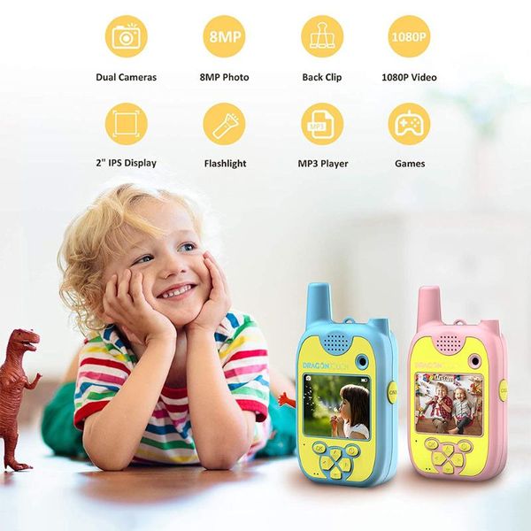 Walkie Talkie 2 pezzi DragonTouch Talkies Kids 1080P LCD retroilluminato Videocamera digitale Mp3 Gioco integrato Regalo di Natale di compleanno