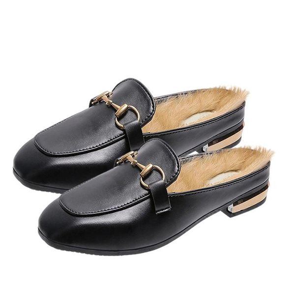 

winter house slipper keep warm short plush metal chaim low heels ladies mule shoes indoor outside faux fur women casual slippers, Black