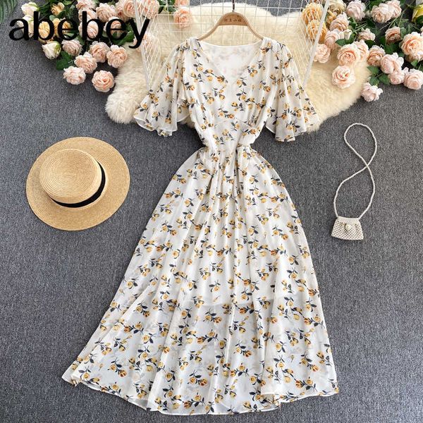 

summer women chiffon floral dress v neck short sleeves elastic midi party long dresses bohemian print beach dress 210715, Black;gray