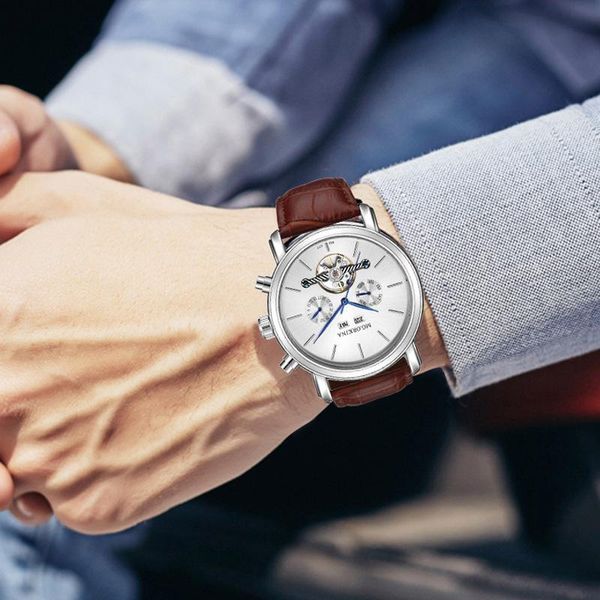 

wristwatches mg.orkina watches fashion fully automatic hollow tourbillon mechanical man watch leather strap calendar men, Slivery;brown