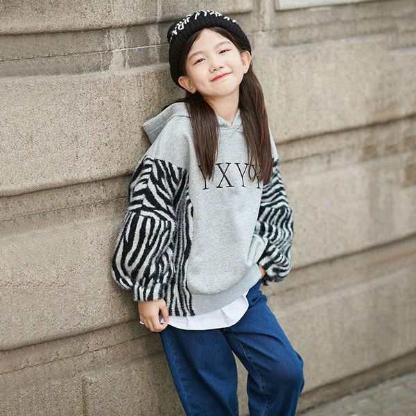 

hoodies & sweatshirts 10 to 12 year girls warm zebra striped patchwork fleece fall winter 2021 kids clothes for teens, Black