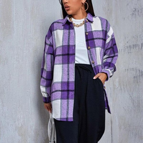 

women's jackets 2021 women harajuku multi plaid color streetwear shirts female fashion block shirt long sleeve casual blouse coat, Black;brown