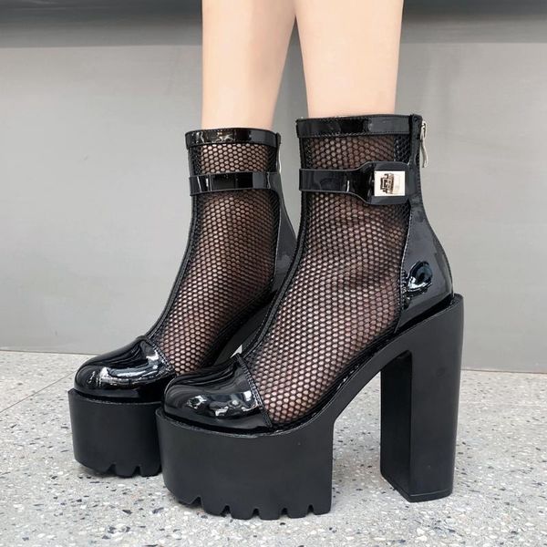 

goth punk round toe hollow out summer ankle boots zipper platform block heel party dress cutout metal women shoes sandals, Black