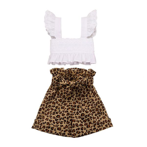 

boiiwant 1-5y kids girl summer two piece set fashion solid color butterfly sleeve lace +loose leopard bandage shorts outfit clothing set, White