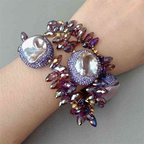 

8 3 strands purple keshi freshwater pearl faceted teardrop drilled crystal bracelet, Golden;silver