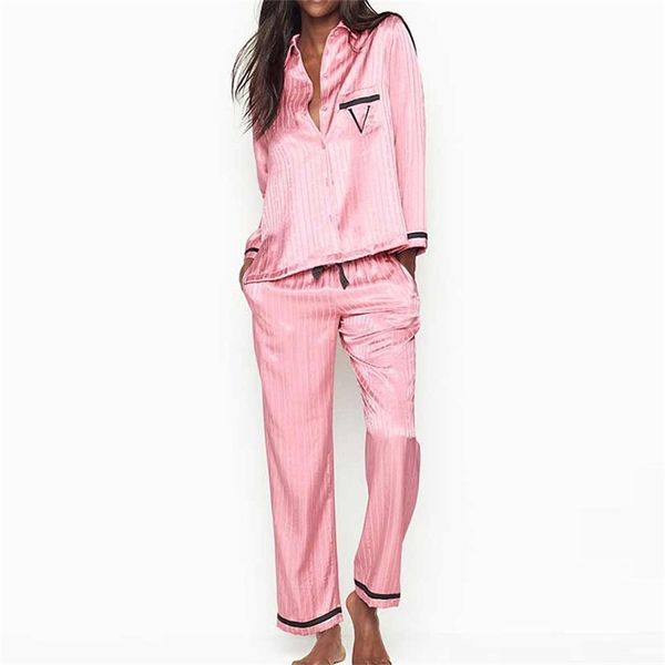 

fashion pajamas for women summer long sleeve sleepwear loungewear satin silk pjs sets home wear 210924, Black;red