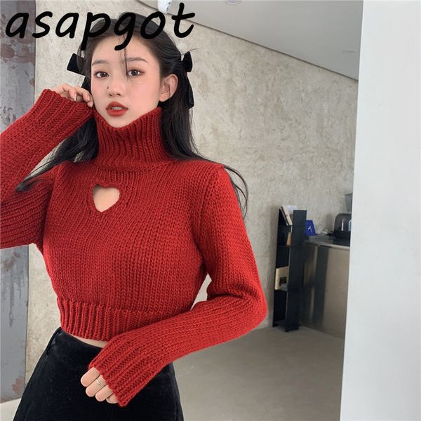 

chic korean love hollow out slim short knitwear long sleeve red turtleneck sweaters women loose pull femme fashion retro 210429, White;black