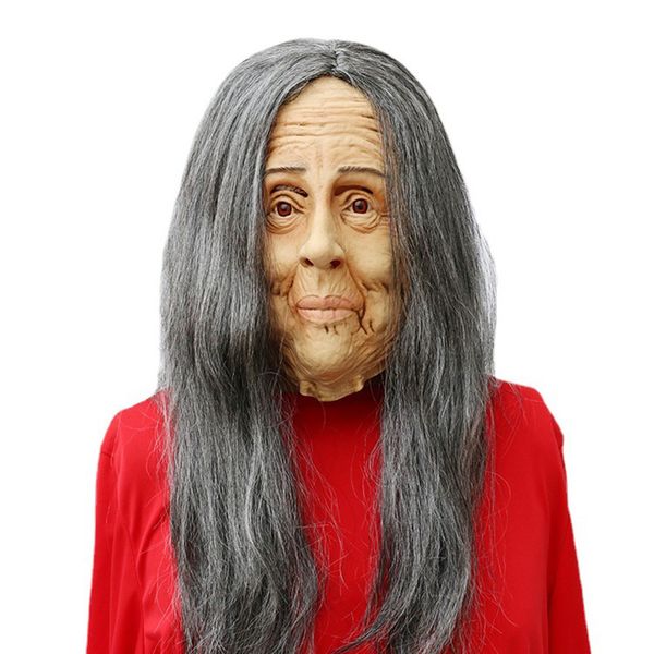 Mulheres velha assustadoras máscara de cosplay látex com cabelo fantasia vestido avó máscaras de halloween adulto um tamanho