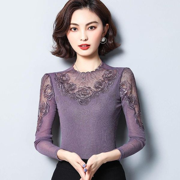 

women's blouses & shirts women 2021 autumn winter -4xl plus size female lace bottoming shirt ladies long-sleeve fashion slim mesh x22, White