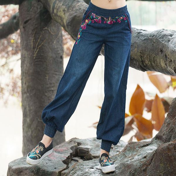 

woman femme harem denim pants women jeans floral embroidered women's fashion elastic waist embroidery e777, Blue