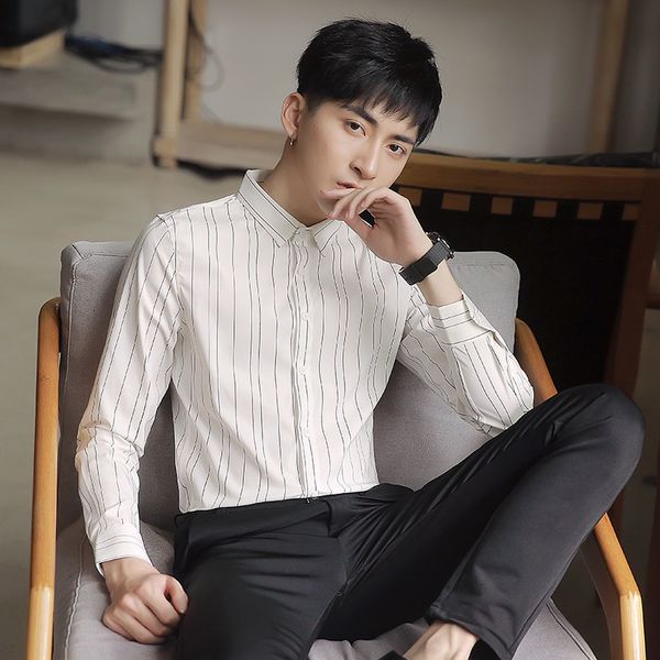 

men's casual shirts estilo britnico primavera novos homens listrado camisas de manga longa simples todos os jogos fino ajuste vestido b, White;black