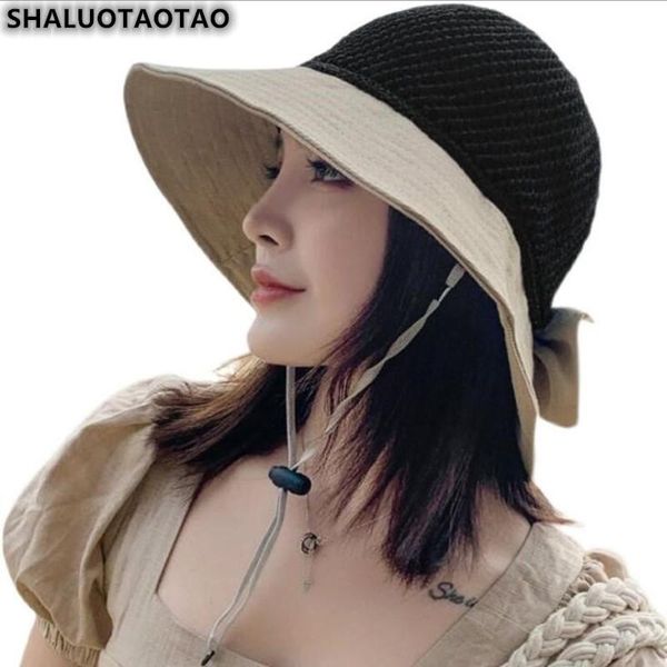 

wide brim hats shaluotaotao panama ladies cap summer fashion bowknot bucket hat for women's breathable mesh sun-protection sombreros, Blue;gray