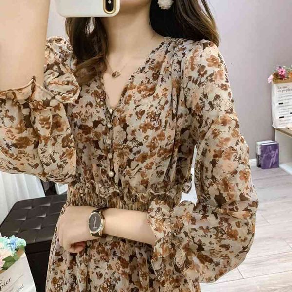

women's knits & tees vintage floral print long chiffon women spring summer 2021 elegant high waist sleeve vestidos pp7r, White