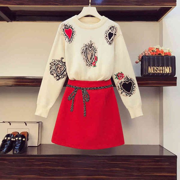 

sweet female heart-shaped jacquard knitted wool sweater-jumper-cross beads skirt red suit autumn winter woman two pieces together q8i8, Black