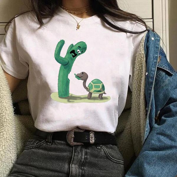 

cactus funny cartoon plant fashion women t shirts short sleeve tees graphic female ladies womens lady shirt, White