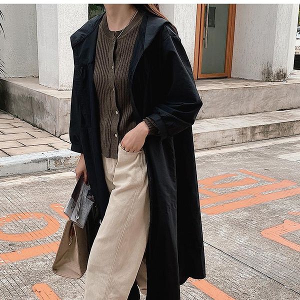 

women's trench coats 2021 casual vintage autumn cotton long windbreaker sleeve female solid spring, Tan;black