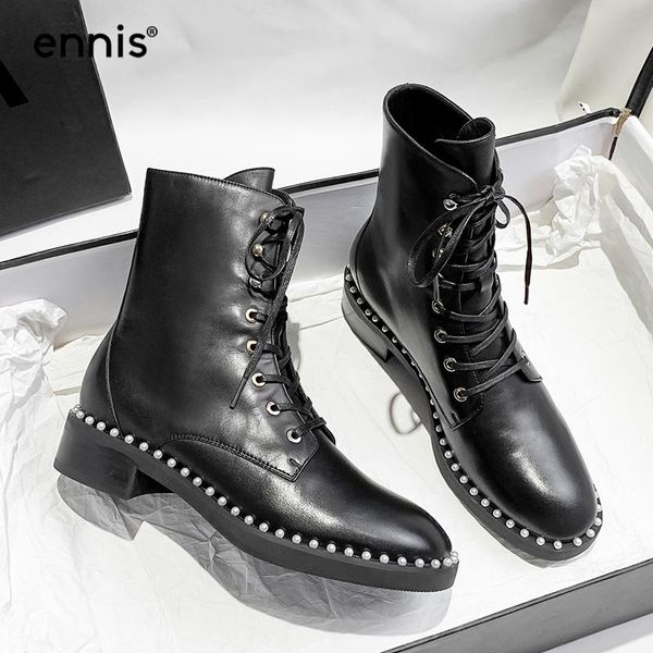 

boots ennis brand women's genuine leather lace-up ankle autumn winter square heel black female pearl shoes 2021 a43a