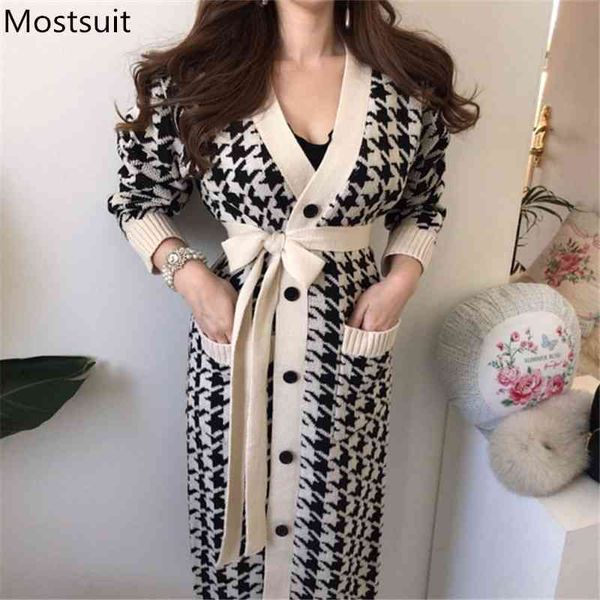 

spring houndstooth knitted long cardigans sweaters women sleeve singe-breasted v-neck sashes vintage fashion 210514, White;black