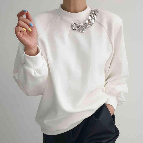 

women's hoodies & sweatshirts [ewq] korean chic autumn white stand collar pullover chain decorative loose casual bubble sleeve sweatshi, Black