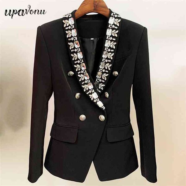 

black double-breasted long sleeve suit women's office lapel slim beaded jacket 210524, White;black