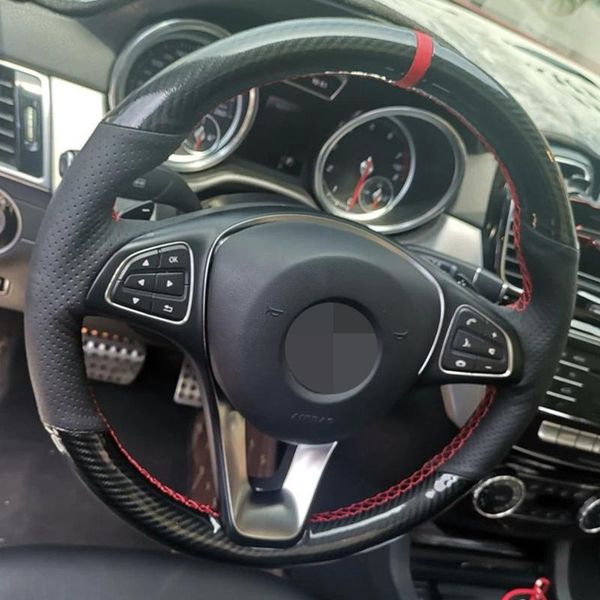

steering wheel covers diy hand-stitched soft black genuine leather carbon fiber car cover for - w176 a180 a200 b180 b200