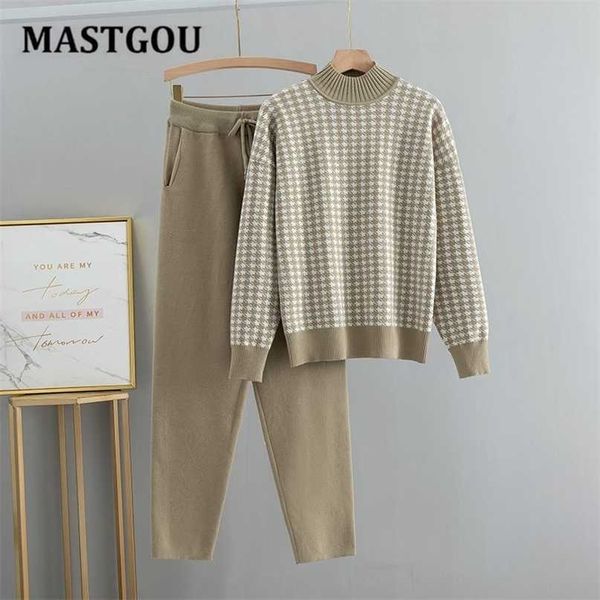 

mastgou oversized women's tracksuits winter thick warm turtleneck sweater overall pants suits two pieces knitted jumper sets 211105, White