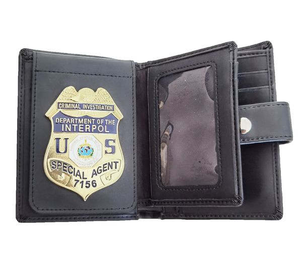 

multi functional men's wallet bag with us department of interpol metal badge, Brown;gray