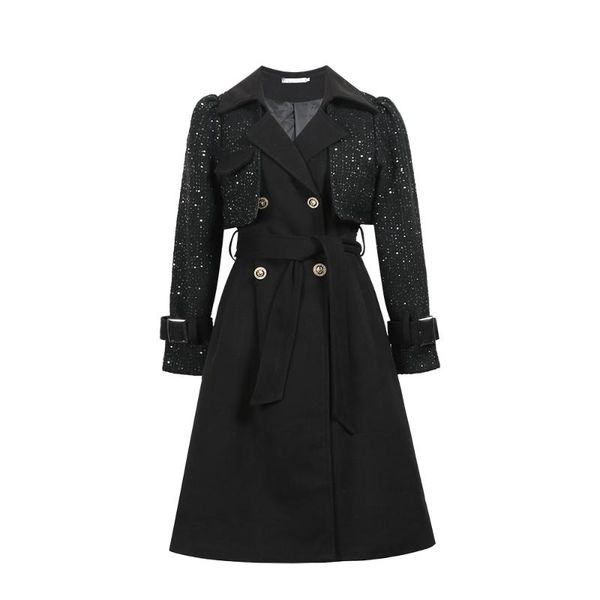 

women's trench coats splicing coat 2021 lacing long autumn waist windbreaker thin jackets versatile medium-length jacket, Tan;black