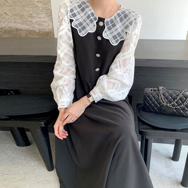 

party dresses sannian women dress spring and autumn doll collar mesh gauze stitching single-breasted long-sleeved clothes, White;black